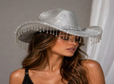 Silver Rhinestone Fringe Cowboy Hat - Sparkling Western Party Hat with Round Gemstone Band and V888-ELOSUNG57115-1