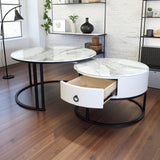 Snowy Mountain Faux Modern Marble Slate Nesting Coffee Table Set Leather Wrapped Wood Drawers V255-CT-NESTING-BLKFRM-CW-WH