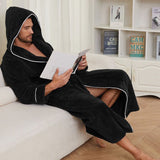 Men's Plush Fleece Hooded Bathrobe Black XXL Size Shawl Collar Dressing Gown - Thick Warm Soft V888-ELOSUNG54510