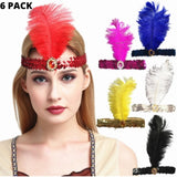 6x 1920s FLAPPER HEADBAND Headpiece Feather Sequin Charleston Costume Party BULK - Assorted Colours V563-BR-6FLAPPERHDBND-ASSCLRPK