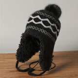 Women'S Knitted Hat Furry Ear-Flap Hat Pom-Pom Hat Winter Accessory Women'S - Black - Size L V1347-939-76328-BLK-L