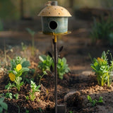 Birdhouse w Leaf on Leafy Garden Stake 42cm V637-30409BRD