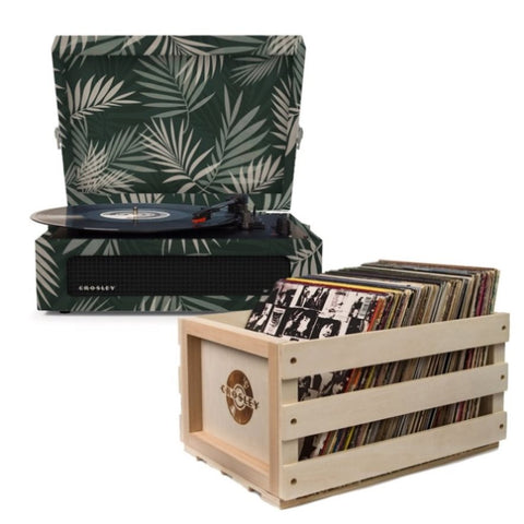 Crosley Voyager Bluetooth Portable Turntable - Botanical + Bundled Record Storage Crate V398-CR8017BSC-BO4