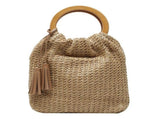 Women's Fashion Straw Woven Round Bag with Wooden Handle, Shoulder Beach Tote, Casual Handbag V1366-AZ2-W-25003
