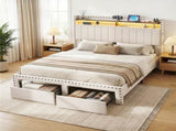 Artiss Queen Upholstered Bed Frame with Shelf Storage Drawers Charging Station Mood Lighting Linen BFRAME-G-NOUVEA-Q-BG-ABC
