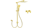 Brushed Gold Dual Square 8" Rain Shower Head 3 Mode Handheld Sliding Rail Arm Twin Taps Set V1233-SC842GHS002M4CGKSS108GCPF0272AG