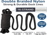 Boat Dock Lines 1/2" x 15' - Double Braided Nylon Boat Ropes for Docking with 12" Loop, Marine-Grade V1258-DP02-WO-872