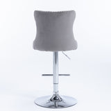 2x Height Adjustable Swivel Bar Stool Velvet Stud Barstool with Footrest and Chromed Base- Gray V226-SW1712GY