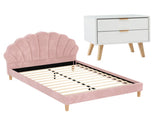 Artiss Double Bed Frame Scallop Headboard Pink Velvet with 2 Drawer Bedside Table BFRAME-SET-ROSY-BS-03