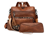Brown with Leopard Print Women's Retro PU Leather Backpack - Dual-Color Tassel Design, Winter V888-ELOSUNG33185