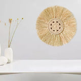 Boho Handmade Woven Straw Wall Decor Moroccan Wood Beads Wall Hanging Ornament Round Home Decoration V1370-AZ4-03970