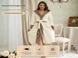 Women's White Coral Fleece Hooded Bathrobe with Leopard Print Trim - Soft Plush Wrap Robe with V888-ELOSUNG54473