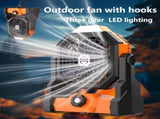 A portable outdoor camping fan with adjustable brightness, LED light strip hook, USB rechargeable, V1105-YAHWFS-01