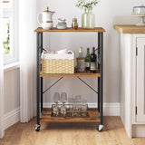 Vasagle Kitchen Serving Shelf Trolley on Wheels, 3 Shelves with 6 Hook Rustic Brown V227-9101101012141