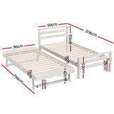 Artiss Bed Frame Single Size 2-in-1 Trundle Wooden White AVIS WBED-AVIS-S-WH-AB