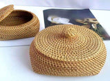 Round Rattan Basket Box with Lid Hand Woven Wicker Storage Bin Organizer Decorative Picnic Food V1366-AZ2-W-16595