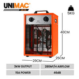 UNIMAC 3kW Industrial Electric Fan Heater, 15A, Adjustable Thermostat, 2 Heat Settings, Fast V219-HEACHTUM6XRA