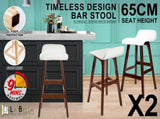 2X Wooden Bar Stool Dining Chair Leather SOPHIA 65cm WHITE BROWN V274-FT-WBSPU-75WH2-BNP