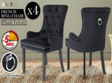 4X French Provincial Dining Chair Ring Studded Velvet Rubberwood Leg LISSE BLACK V274-FT-VFC-1141-BK4