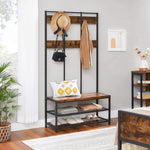 Large Coat Rack Stand with 12 Hooks and Shoe Bench Rustic Brown and Black V178-11260