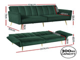 Artiss Sofa Bed 3 Seater Couch Convertible Lounge Adjustable Arm Recliner Velvet SBED-J-02-VEL-GN-AB