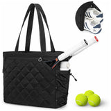 Black Large Quilted Tennis Tote Bag with Shoe Compartment - Waterproof Lightweight for Men and Women V888-ELOSUNG33069