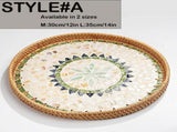 Rattan Tray with Mother of Pearl Inlay Wooden Base, Serving Basket for Breakfast Food, Round Tray as V1366-AZ2-W-19854