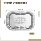 6PCS Silver Stainless Steel Tray Set, Retro Floral Engraved Serving Platter with Wavy Edge, Sturdy V1369-AZ3-W-08855