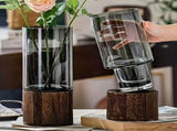 Black wood base vase, cylindrical glass vase, home decor vase, flower vase, high quality vase, V1102-116-BLA-51717