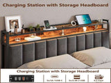 Double Bed Frame with 2 Storage Drawers and LED Lights Headboard, Upholstered Bed Frame with V1127-AU-2452DB-GRY