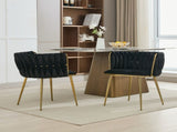 Set of 2 Velvet Upholstered Woven Dining Chairs with Golden Metal Legs, Black V1127-AU-DC01-BLK
