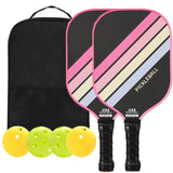 2PCS Pink Striped Fiberglass Pickleball Paddles & 4PCS Balls Set with Black Carry Bag - Shock V888-ELOSUNG49743