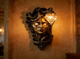 Medusa Wall Sconce, Glowing Eyes & Flame Glass, Gothic Resin Decor for Halloween, Hand-Crafted V1369-AZ3-W-23792