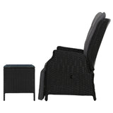 Gardeon 3PC Recliner Chairs Table Sun lounge Outdoor Furniture Wicker Adjustable Black ODF-RCL-RW-FT-3BK