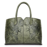 Green Elegant Embossed Rose Leather Handbag - Vintage Style Tote Bag V888-ELOSUNG16076
