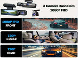 Super Memory Triple Cam Dash Cam! 32GB storage 1080P HD triple lens, 170&deg panoramic coverage of V1106-XCJLY1080P001