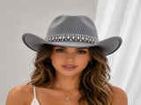 Rhinestone Cowboy Hat - Gray Western Hat with Iridescent Gemstone Fringe Band, Wide Curved Brim for V888-ELOSUNG57116-3