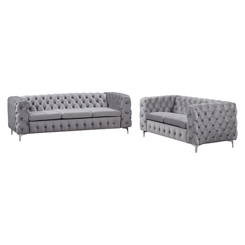 3+2 Seater Sofa Classic Button Tufted Lounge in Grey Velvet Fabric with Metal Legs V43-SET-JAQS-3+2-GR