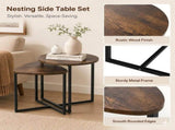 Nesting Side Tables Set of 2, Round End Tables with Rustic Brown Wood Look Top and Black Metal V1338-WAK0060