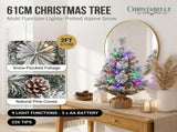 Christabelle 61cm 2ft Alpine Snow Potted Christmas Tree Pre Lit LED Pinecone Hessian Tabletop F 112_WFLAS2P