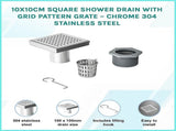 10x10cm Square Shower Drain with Grid Pattern Grate 304 Stainless Steel, CUPC Certified with Hair V63-955561