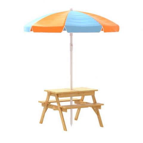 Keezi Kids Outdoor Table and Chairs Picnic Bench Umbrella Set Water Sand Pit Box ODF-B-KID-PICNIC-UM-NAT