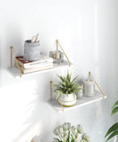 2-Piece White Floating Wall Shelf Set with Gold Metal Rails for Kitchen, Bedroom and Living Room V1188-MS-731-133