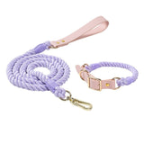 Purple Hand-Woven Rainbow Cotton Rope Dog Leash and Collar Set - Adjustable Veg-Tanned Leather Trim V888-ELOSUNG18449