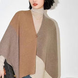 Brown Pure Wool Extra Large Shawl Scarf Color Block Multi-functional Warm Cashmere Cape Poncho V888-ELOSUNG32677