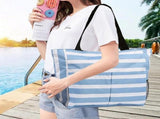 Beach Tote Bag With Zipper, Large Capacity Polyester Tote With 8 Compartments, Foldable Carry Bag V1237-ZY-807-221