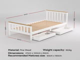 Artiss Bed Frame Single Size Wooden Platform with 2 Storage Drawers White PONY WBED-D-TC18-92-DRAW