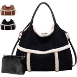 Women Suede Tote with Faux Lamb Wool Lined, Vintage Large Capacity Plush Shoulder Bag, for Work V1366-AZ2-W-11499