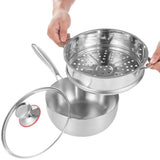 Stainless Steel Saucepan with Steamer, 8.7" Round Milk Pot with Glass Lid, Pour Spout, and Handle, V1369-AZ3-W-08619