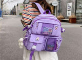 Kawaii Backpack with Bear Pendant, Aesthetic Canvas Students Schoolbag Shoulder Tote Bag Casual V1366-AZ2-W-03954